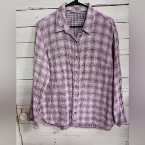 Lee Riders Purple Plaid Button Front Shirt Size XL. Ruffled Trim Down Front